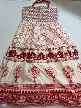 Ash &Eden L Smocked White Maxi Skirt with Red Tree & Foliate Print
